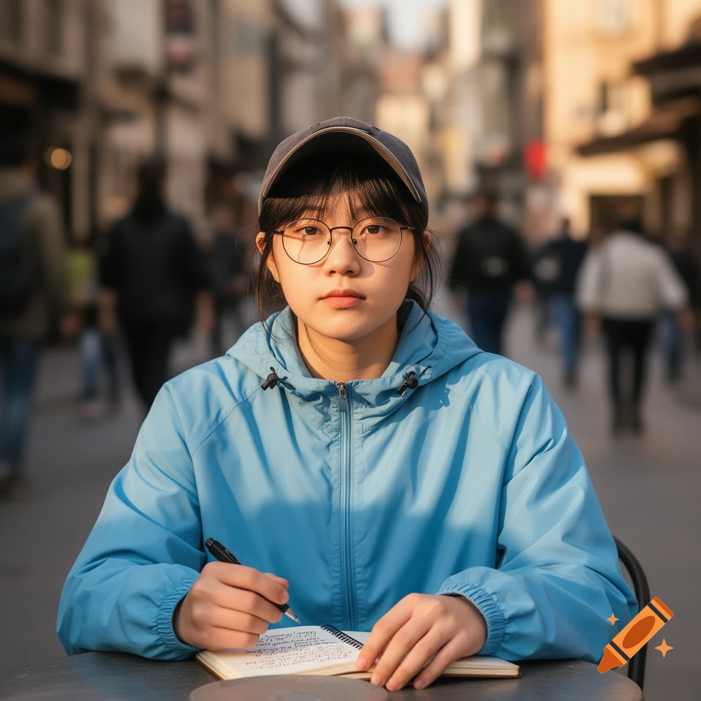 A young person in a blue jacket and baseball cap sits at a table writing in a notebook on a blurred city street.