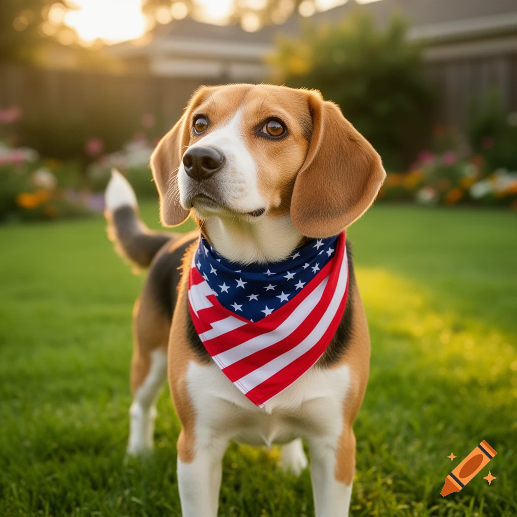 A photorealistic beagle wears an American flag bandana while standing in a sunny green garden.