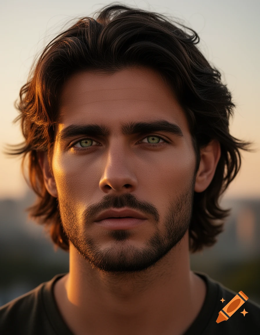 A close-up photorealistic portrait of a man with dark hair, a beard, and striking green eyes, illuminated by golden light.