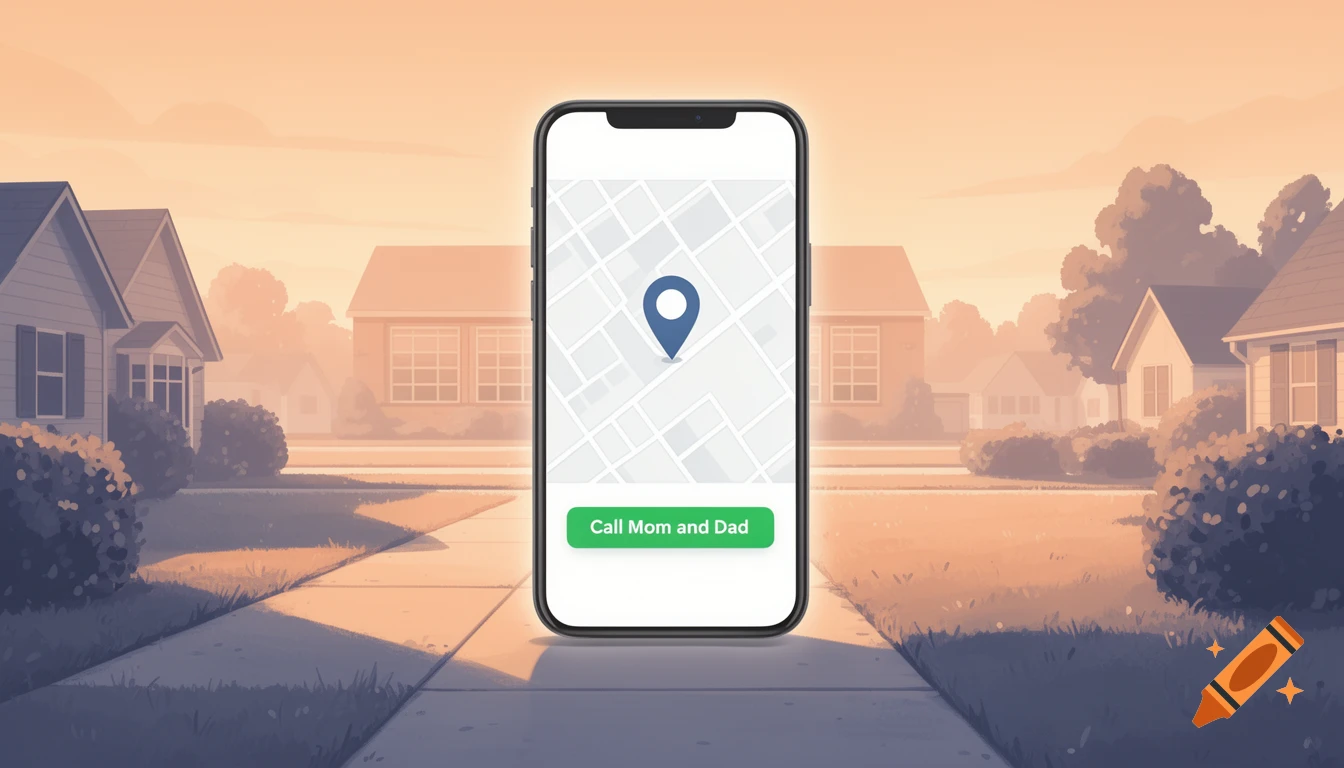 A stylized illustration of a smartphone displaying a map and a 'Call Mom and Dad' button on a suburban street at sunset.