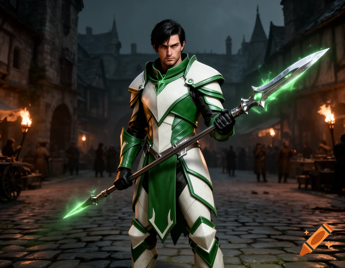 A male warrior in green and white armor holding a glowing glaive stands in a dark medieval town square. Photorealistic.