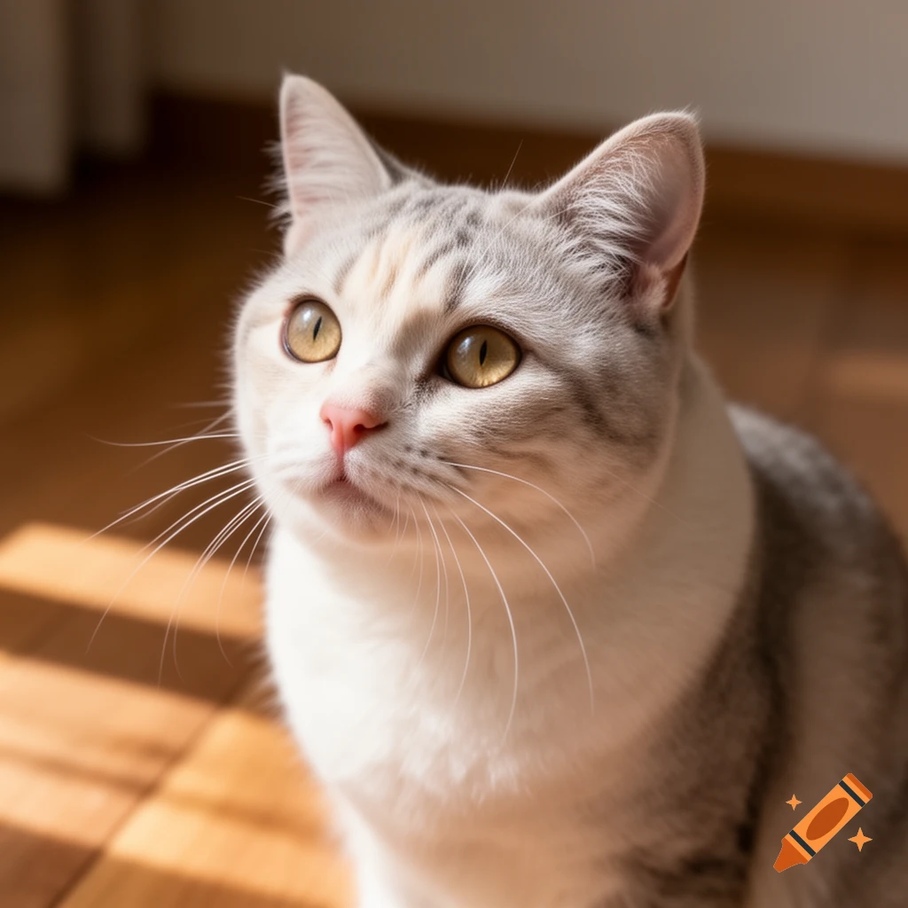A close-up, photorealistic portrait of a domestic cat with grey tabby markings and white fur, looking upwards in warm sunlight.