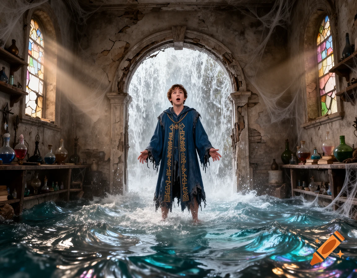 A young wizard apprentice stands in an ancient, flooded stone room with stained glass windows, water cascading from an archway as he looks up in awe.