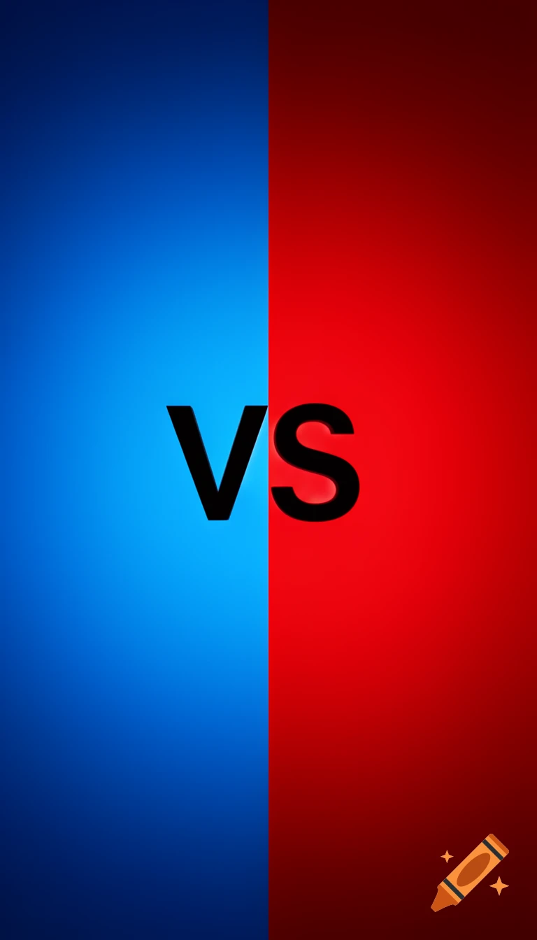 A split screen background, blue on the left and red on the right, with the letters 'VS' in black in the center.