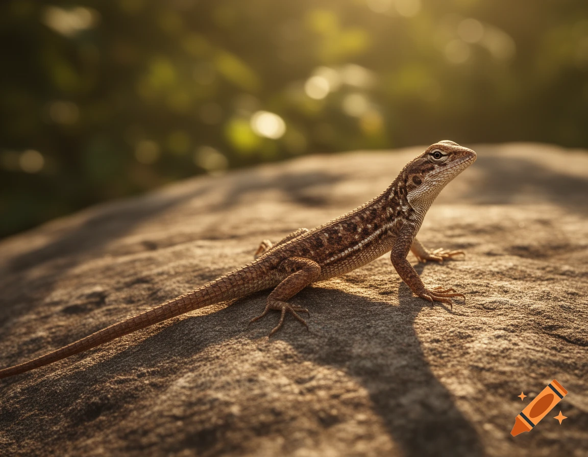 A brown lizard with a long tail basks on a textured rock in warm sunlight, with a blurred green background.