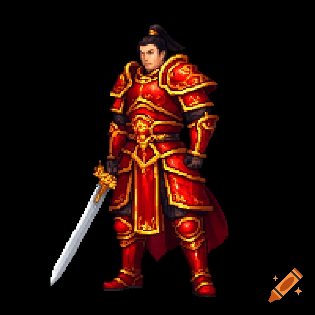 A pixel art game character sprite of a Chinese fantasy RPG warrior in red and gold armor, holding a sword.