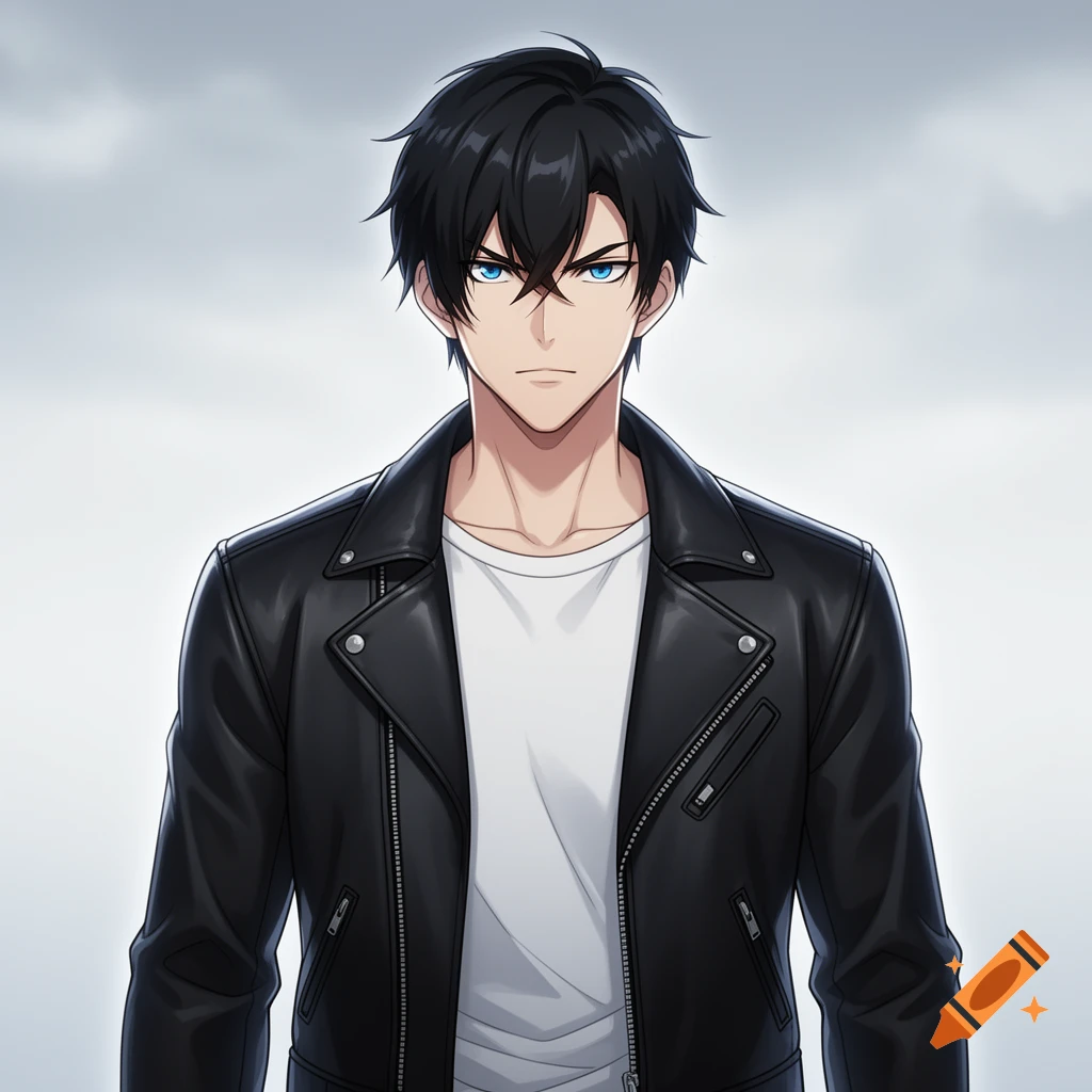 An anime male with black hair and blue eyes wearing a black leather jacket and a white t-shirt, looking sternly forward.