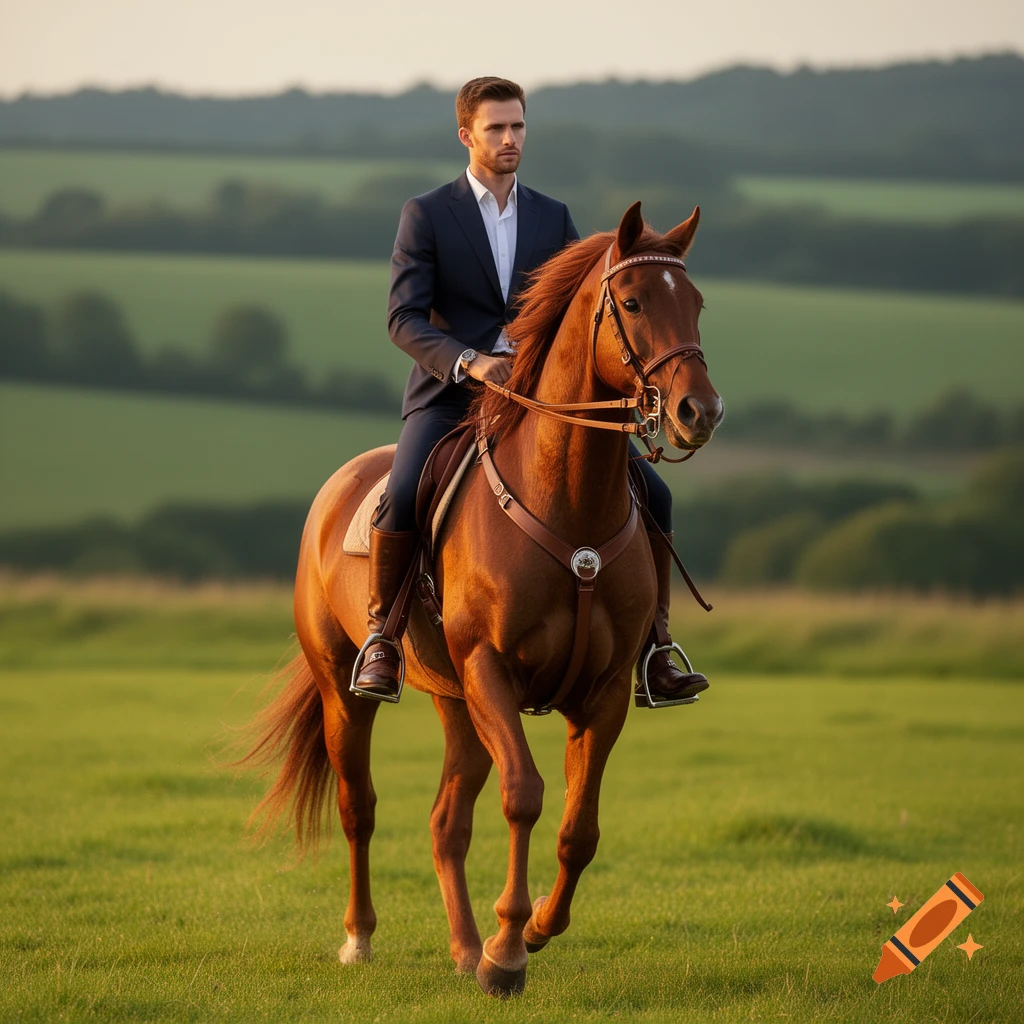 A man in a suit rides a brown horse through a grassy field at sunset.