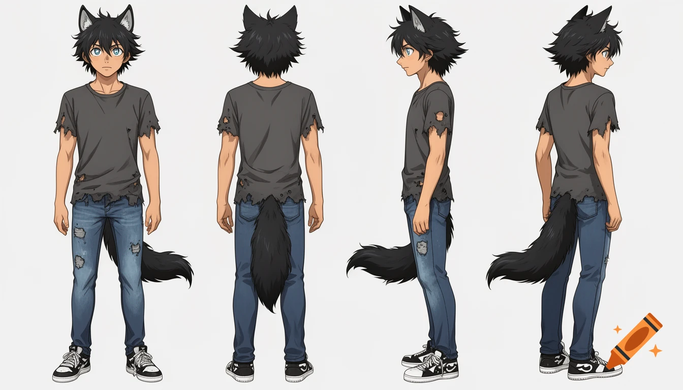 Anime character sheet of a tan teenage boy with black wolf ears and tail, wearing ripped t-shirt and jeans, shown from front, back, and sides.