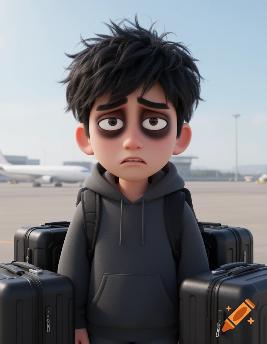 A 3D cartoon of an exhausted male international student with messy black hair and dark circles, wearing a hoodie, standing with black suitcases at an airport.