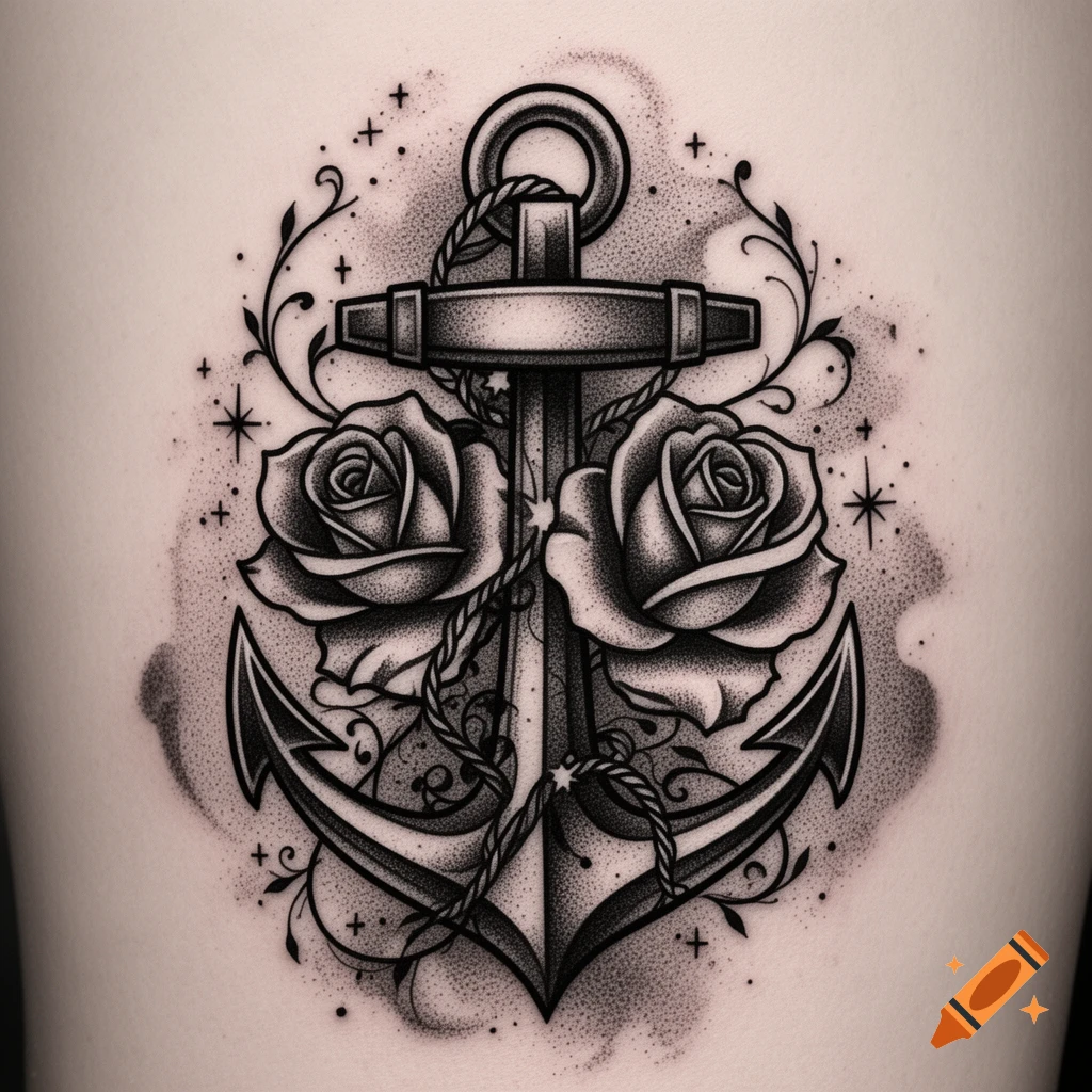 Black and white tattoo design featuring an anchor entwined with two roses, surrounded by decorative flourishes and stippling.