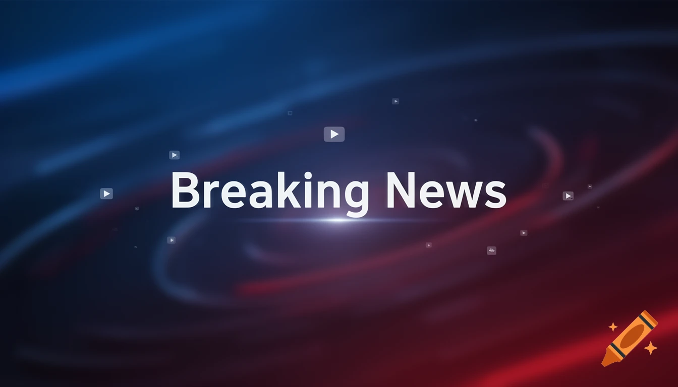 White "Breaking News" text on an abstract background with red and blue light streaks and small play button icons.