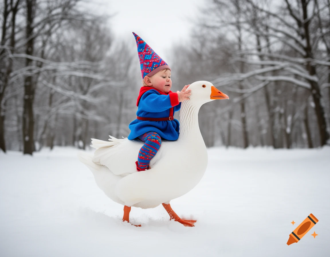 A baby dressed as a gnome, in a blue and red outfit, rides a large white goose through a snowy forest.