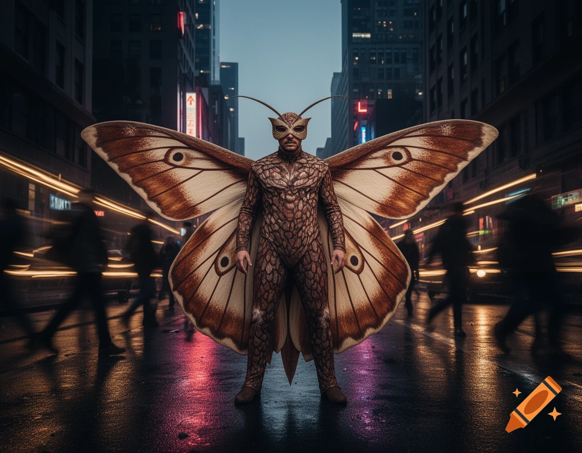 A man in a detailed brown moth costume with large wings and a mask stands on a wet city street at night, lit by neon signs.