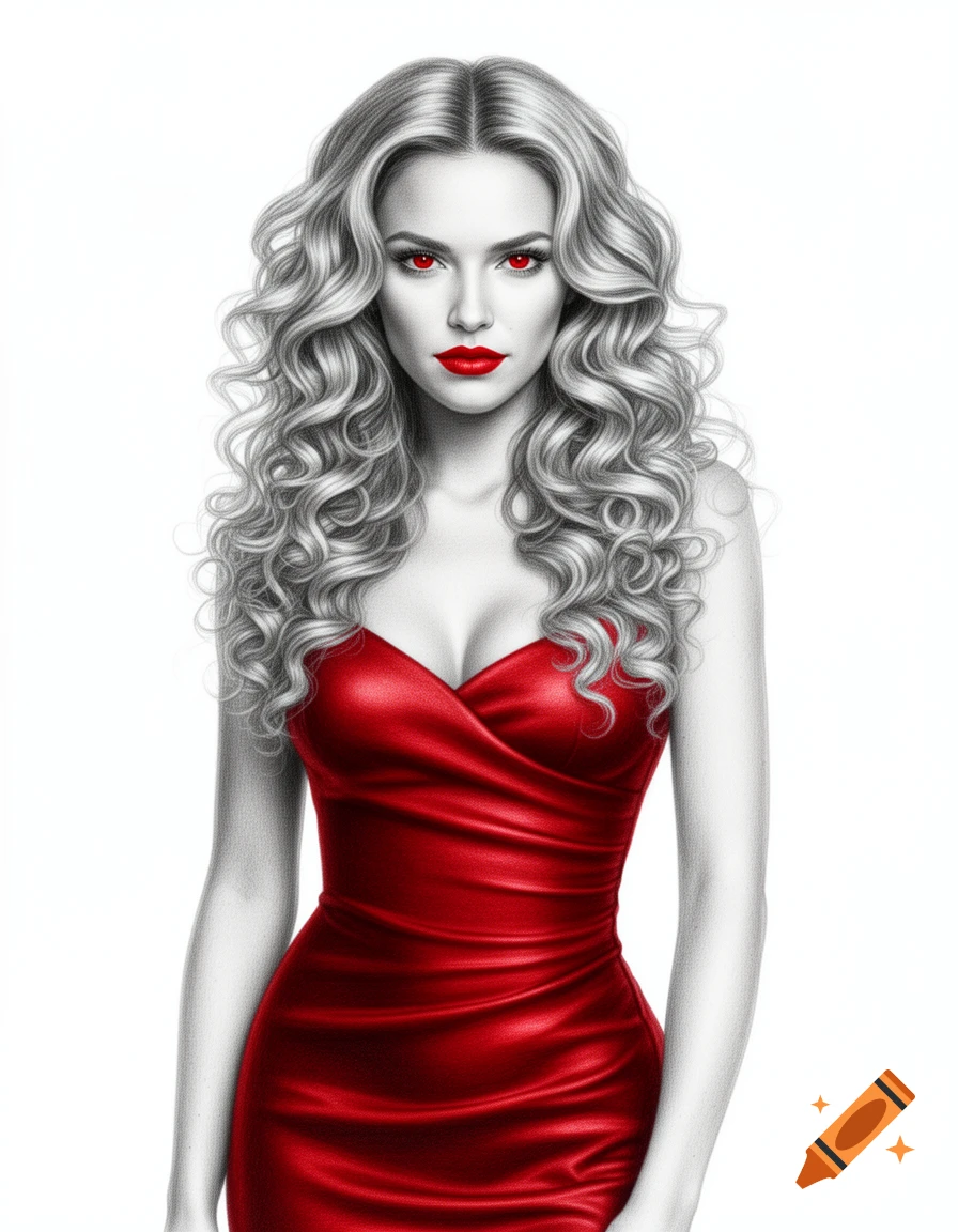 Charcoal drawing of a woman with long curly blonde hair, red eyes, red lipstick, and a red dress, on a white background.