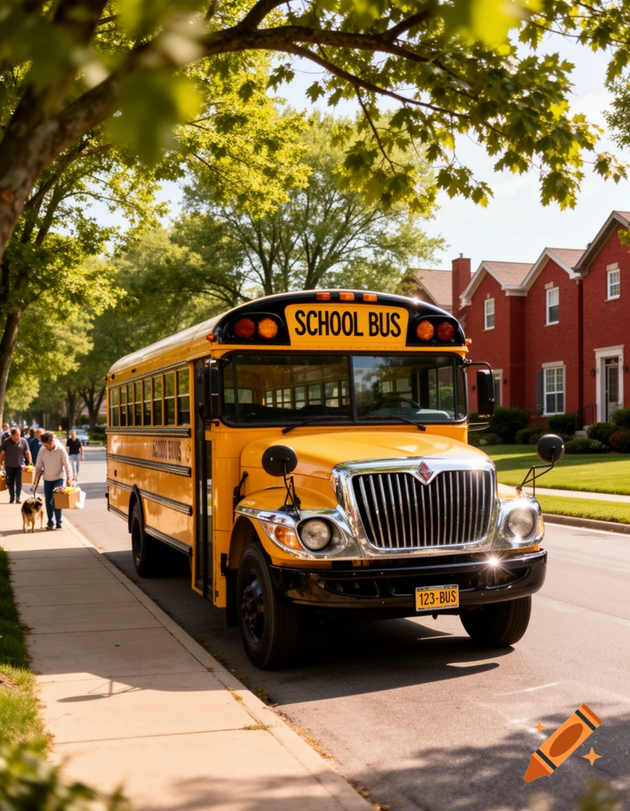 A bright yellow school bus parked on a sunlit, tree-lined residential street with red brick houses. People and a dog walk on the sidewalk.