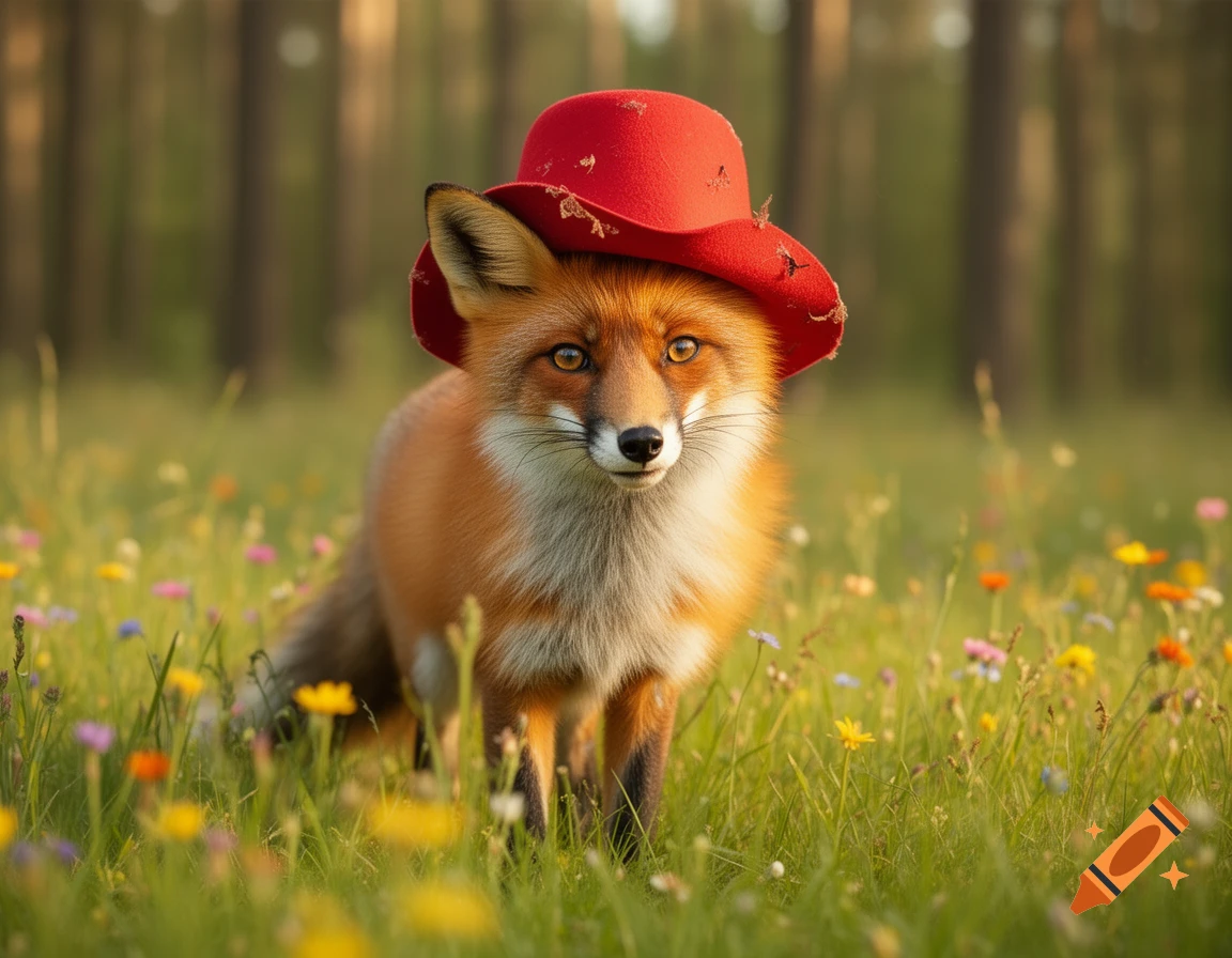 A cute fox in a red hat stands in a meadow with colorful wildflowers, with trees in the background.
