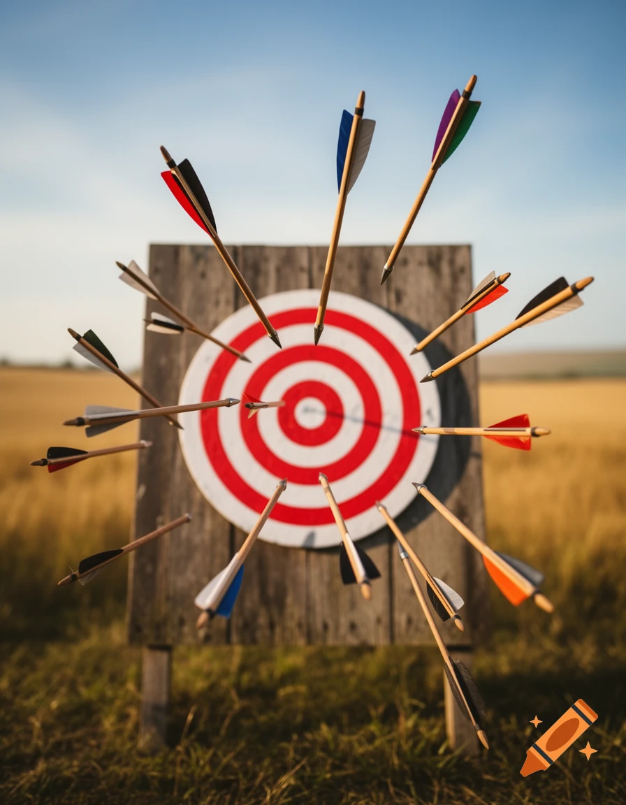 Many arrows are scattered around a wooden bullseye target in a sunny field, most missing the center.
