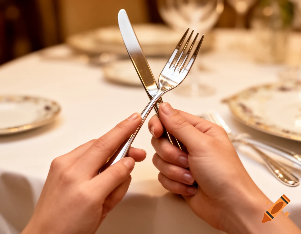 Close-up of hands holding a silver knife and fork crossed over a white tablecloth, with blurred plates in the background.