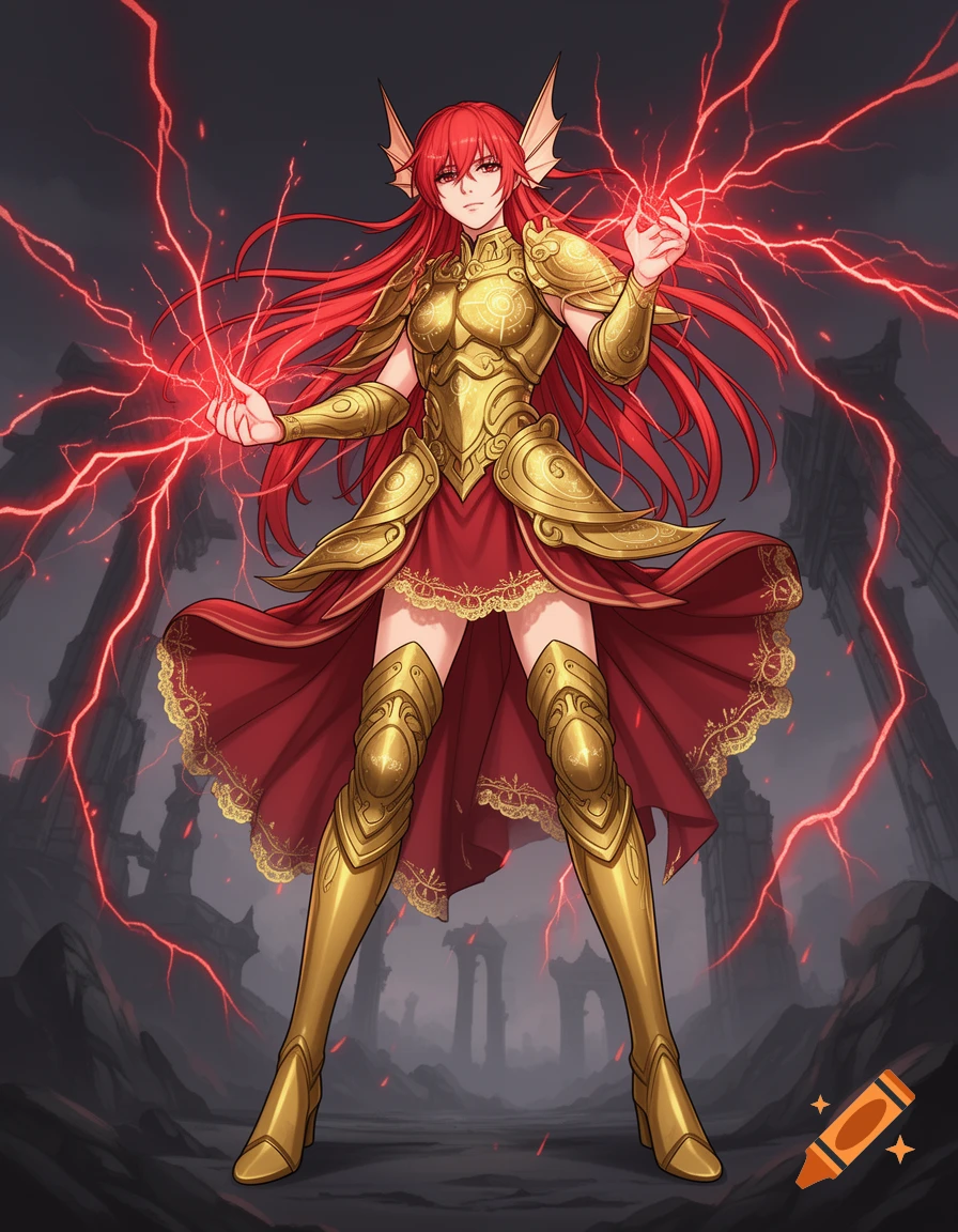 Anime red-haired warrior with fin ears in golden armor and red skirt, casting red lightning amidst ruins.