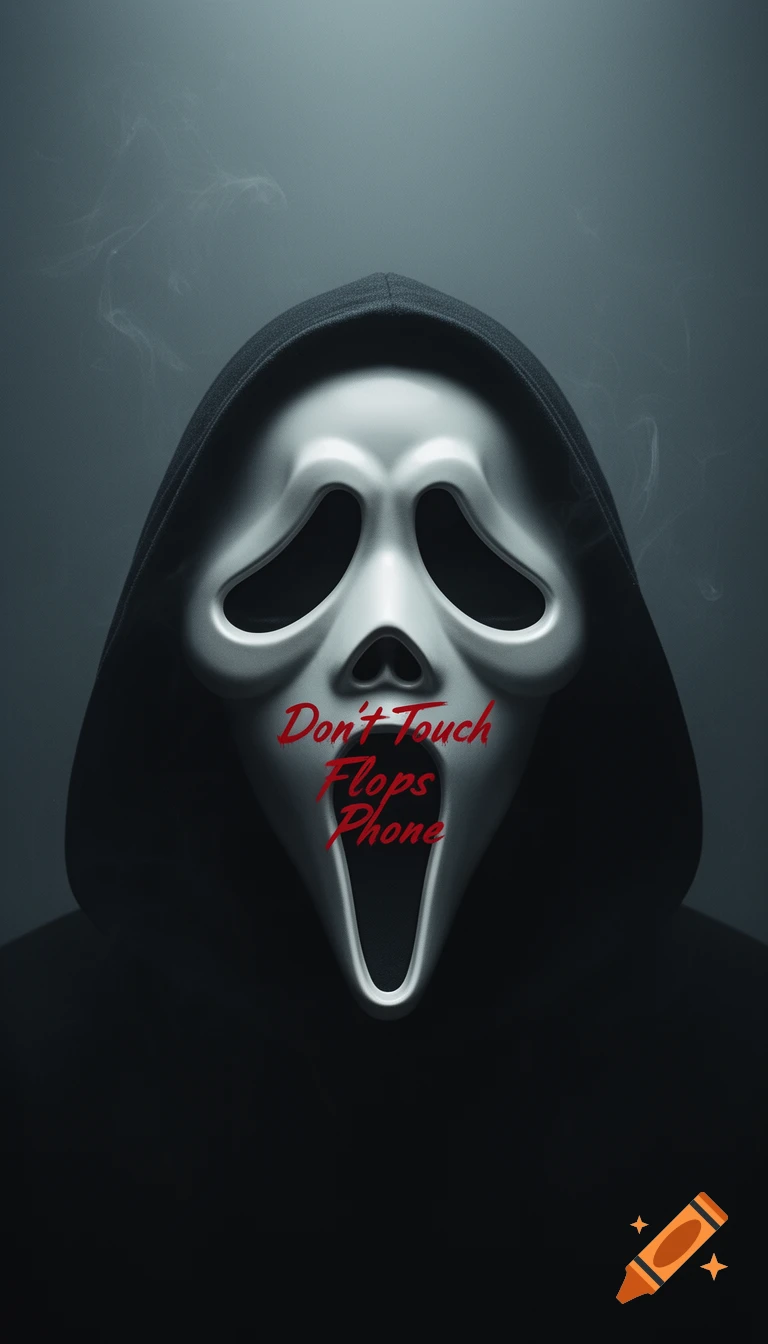 A close-up of the Ghostface mask from the movie Scream, with the red text "Don't Touch Flops Phone" written across it. The mask is against a dark, smoky background.