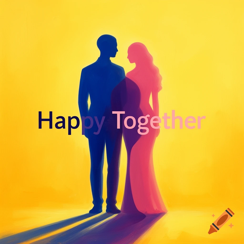 Stylized illustration of a blue man silhouette and a pink woman silhouette standing on a bright yellow background, with the words 'Happy Together' across them.
