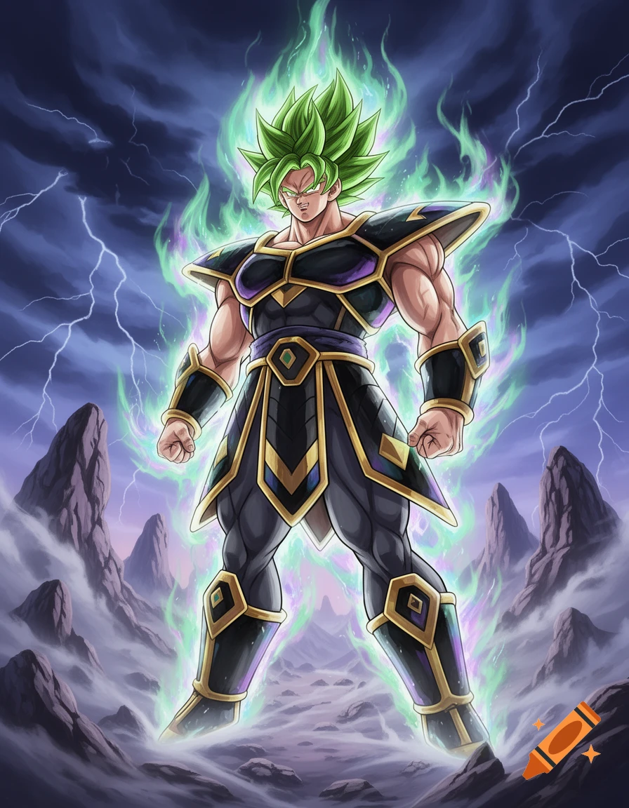 A powerful anime character with green spiky hair and an aura stands in a rocky landscape under a stormy, lightning-filled sky.