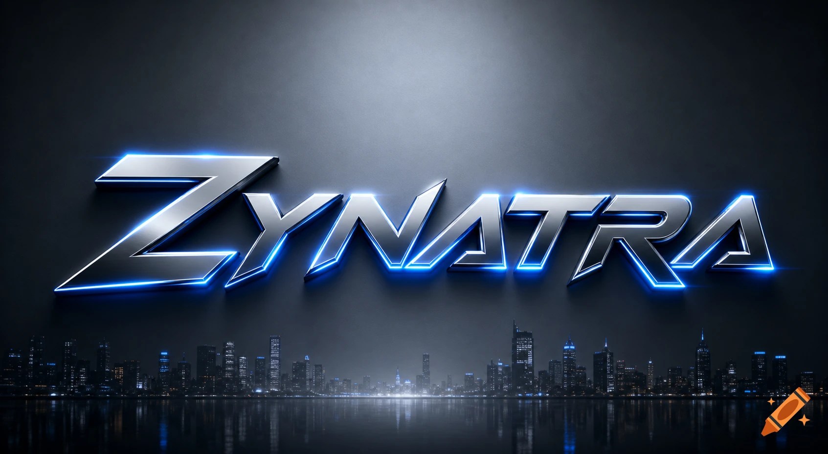 Sleek metallic 'ZYNATRA' logo with a vibrant blue neon glow, set above a dark cityscape reflecting on water at night.