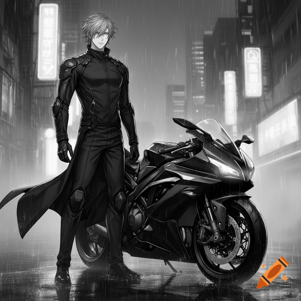 A male anime character in a black coat stands next to a sports bike in a rainy, futuristic black and white city.