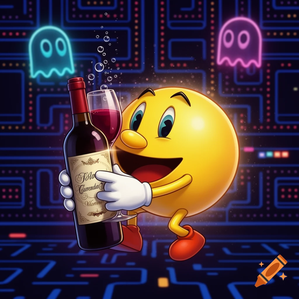 Smiling Pac-Man character in white gloves holding a bottle of red wine and a glass, with two ghost figures in a retro arcade maze background. Stylized art.