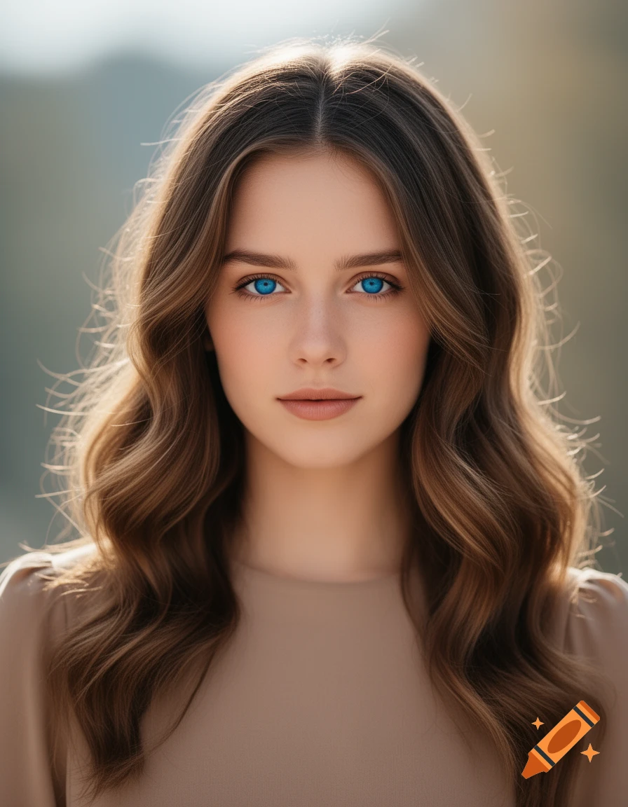 Photorealistic portrait of a young woman with long wavy brown hair and vivid blue eyes, looking forward.