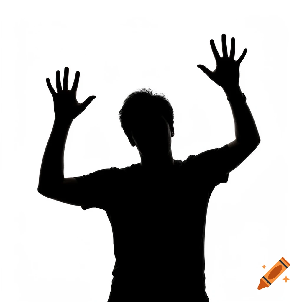 Silhouette of a person with hands raised in the air against a white background.