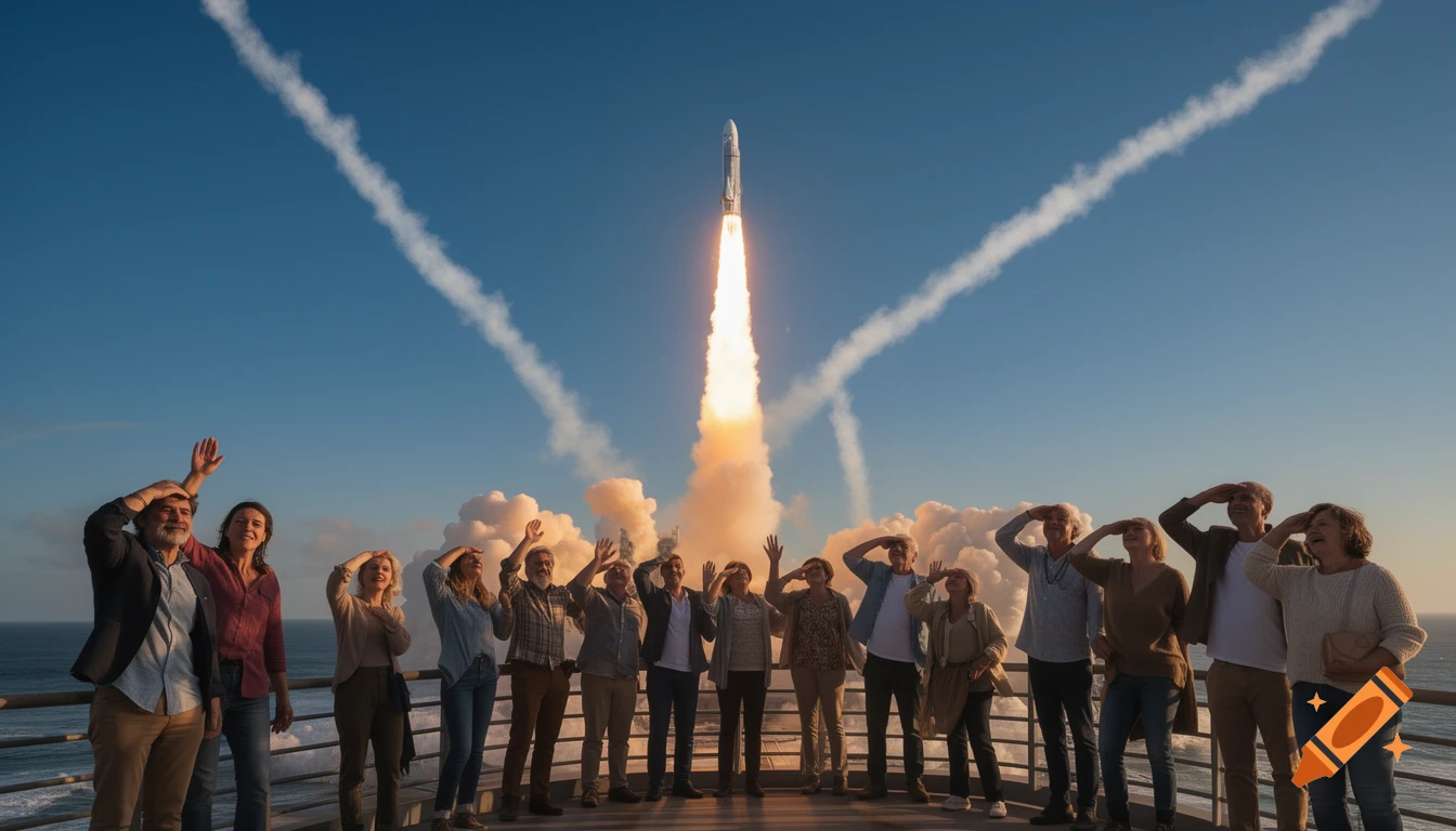 A diverse group of people stand on a viewing platform, shielding their eyes while watching a rocket launch with a fiery exhaust plume into a clear blue sky.