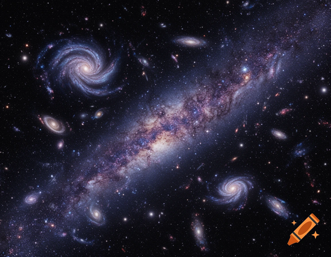 A vast expanse of deep space filled with numerous colorful spiral and elliptical galaxies, surrounded by countless stars.