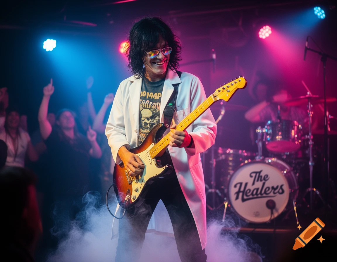 A man in a lab coat and sunglasses plays an electric guitar on a smoky stage, illuminated by blue and pink lights, with "The Healers" visible on the bass drum.
