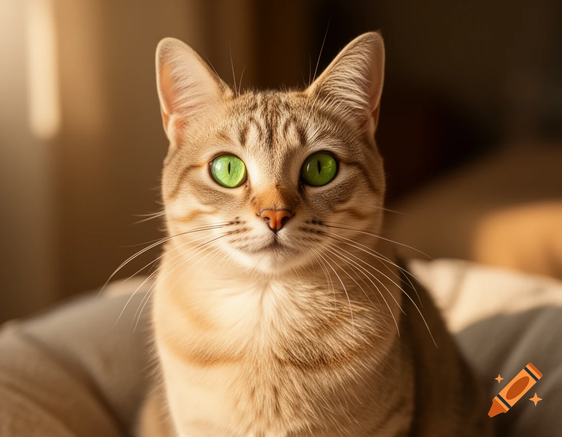 Close-up of a photorealistic tabby cat with luminous green eyes looking directly forward.