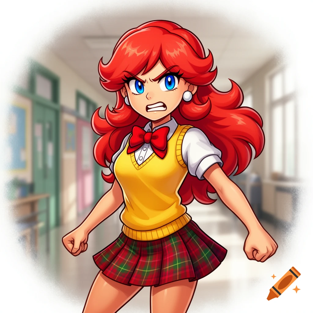 Angry Daisy from Super Mario, with red hair and blue eyes, wearing a yellow sweater vest, red bow tie, and plaid skirt in a school hallway.