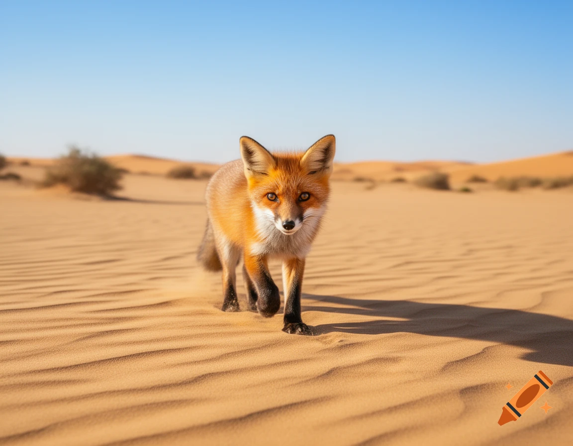 A red fox walks forward on rippled sand dunes in a vast desert under a clear blue sky.