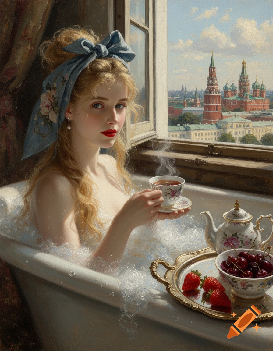 Young woman in a bubble bath holding a teacup, a tray of strawberries and cherries nearby, looking out at the Moscow skyline. Oil painting.