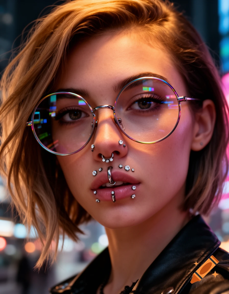 A photorealistic portrait of a woman with short hair, round glasses, and multiple facial piercings, reflecting neon lights.