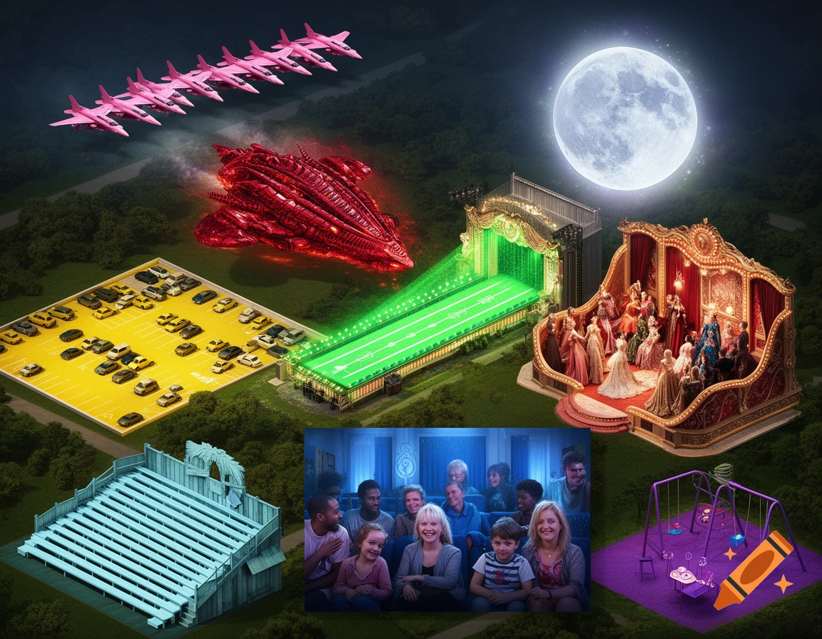 An isometric map showing diverse scenes: pink jets fighting a red alien spaceship, a yellow parking lot, a green runway theater, a VIP crowd, bleachers, a family watching a screen, and a playground under a full moon.