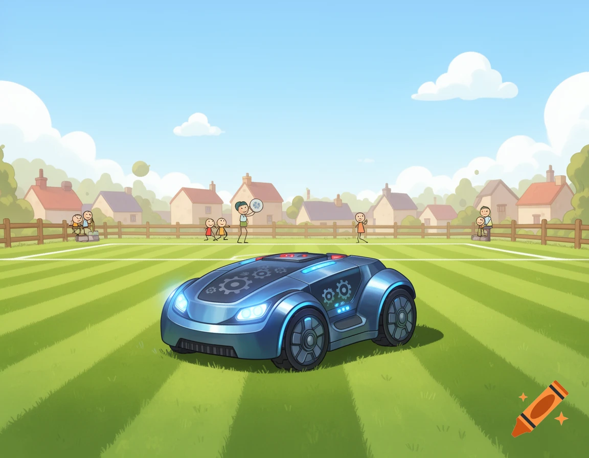 A blue robotic lawnmower on a green village soccer field with cartoon houses and stick-figure people in the background, in a clipart style.