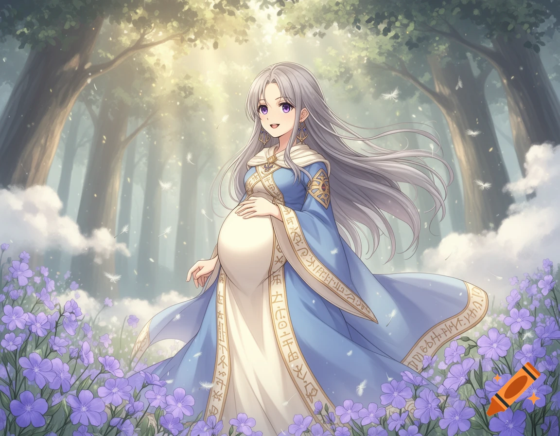 Anime-style pregnant woman with long silver hair in a blue and white dress, standing in a magical forest with purple flowers.