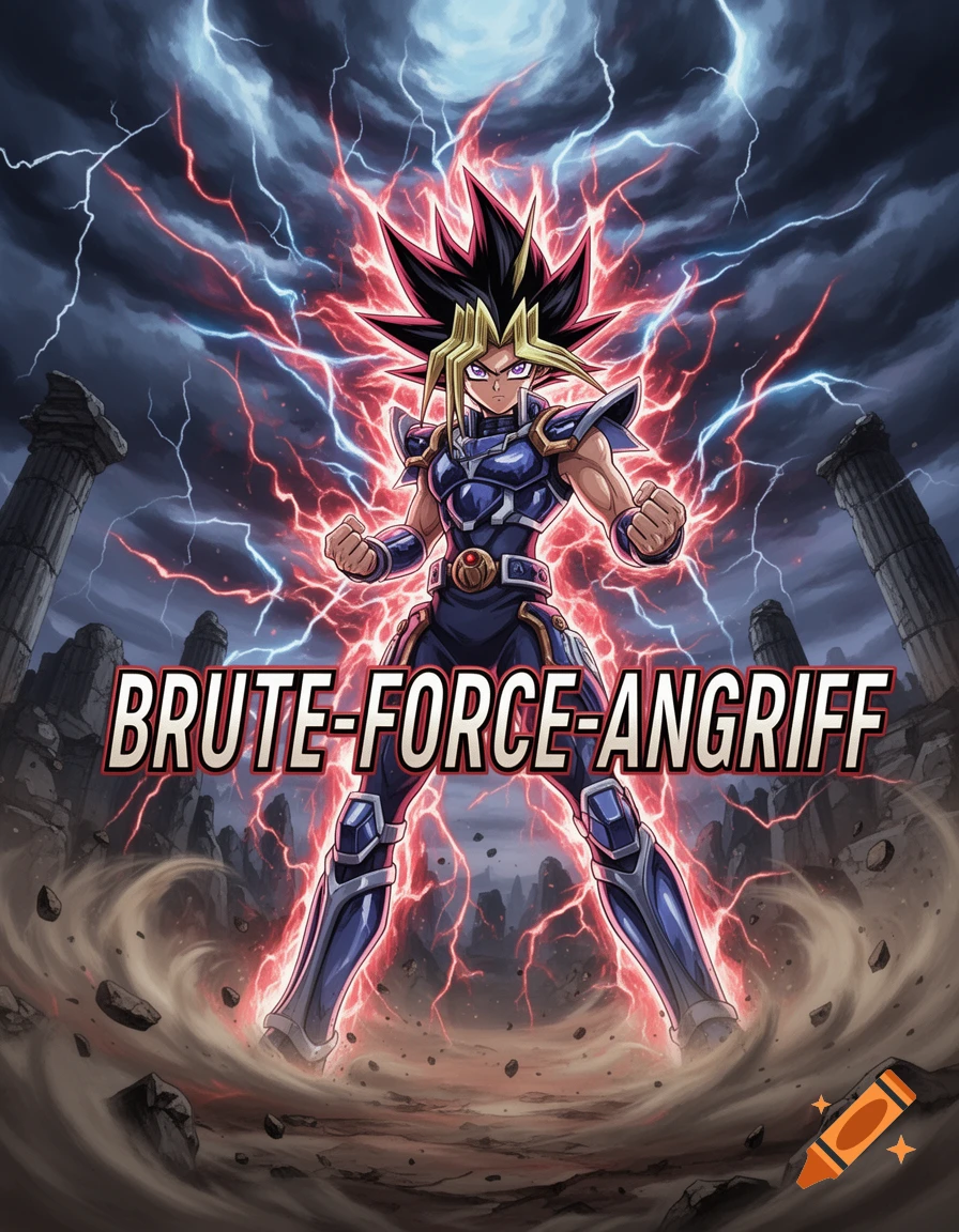 An anime-style illustration of Yami Yugi, a character with spiky black and blonde hair, wearing dark blue armor, standing powerfully amidst red and blue lightning with ancient ruins in the background. The text 'BRUTE-FORCE-ANGRIFF' is prominently displayed.