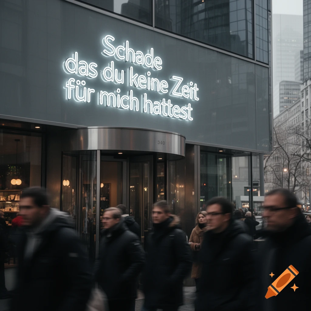 A street scene with a building featuring a bright neon sign that reads 'Schade das du keine Zeit für mich hattest' in German, above a revolving door, with motion-blurred pedestrians.