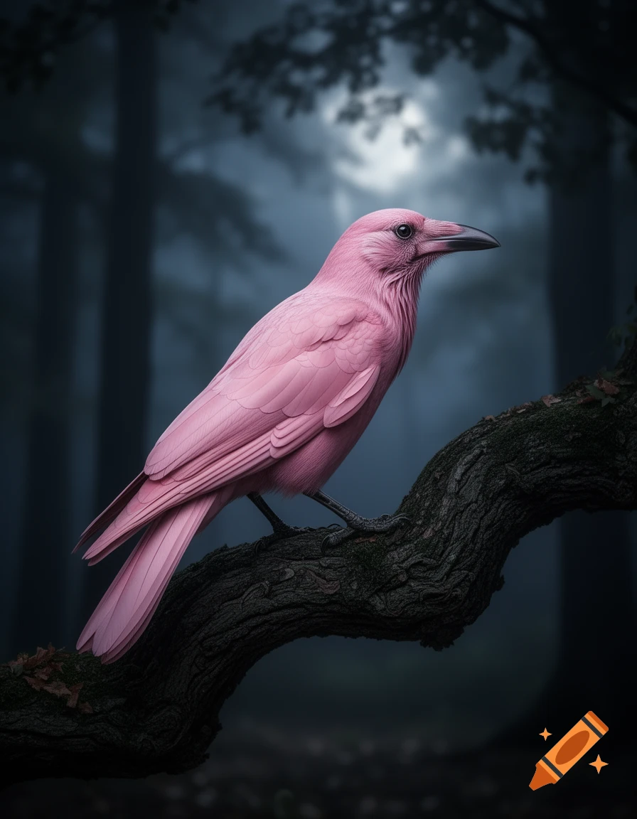 A photorealistic pink crow perched on a dark, mossy tree branch in a misty, dark forest.