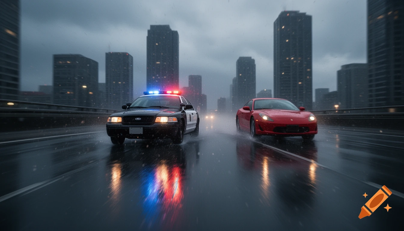 A black police car with flashing lights and a red sports car drive on a wet city street at night with blurry skyscrapers in the background.