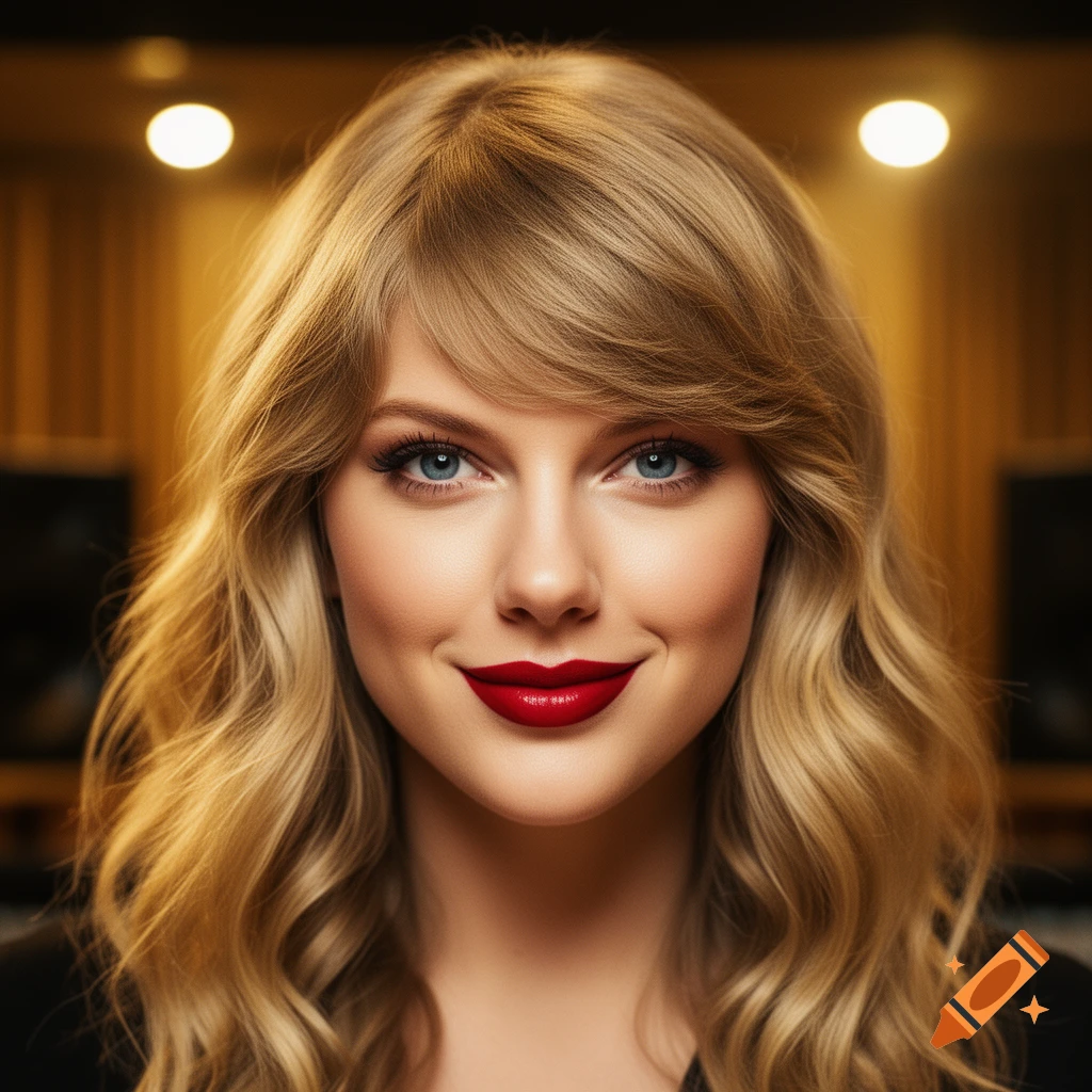 A photorealistic portrait of a woman with blonde wavy hair, blue eyes, and red lipstick, smiling at the camera.
