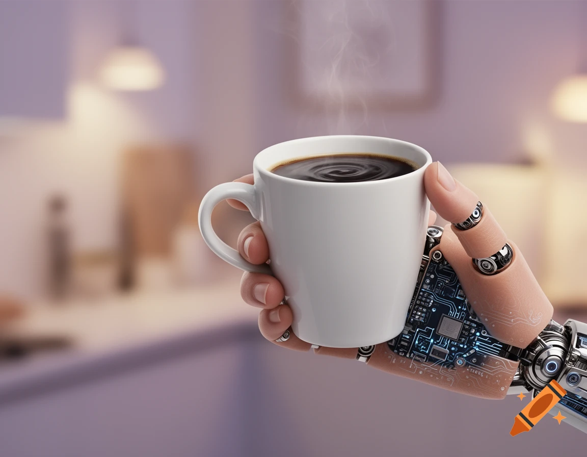 Photorealistic android hand holding a steaming cup of black coffee in a blurred indoor setting.