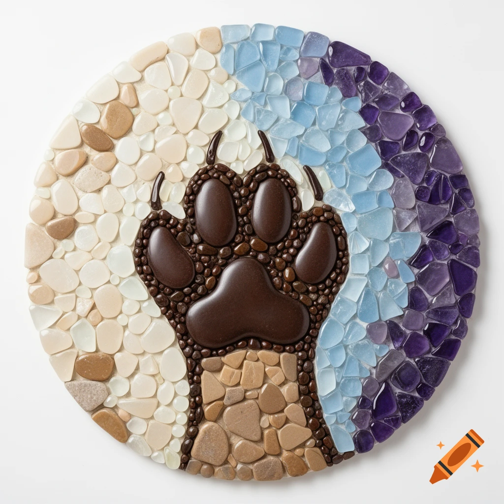 A round mosaic art piece depicting a brown animal paw print against a backdrop of white, blue, and purple sea glass-like stones.